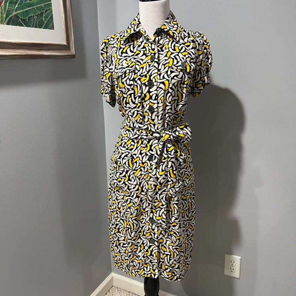 Diane Von Furstenberg Huahine Black Yellow Tie Belt Silk Midi Shirt Dress Size 6